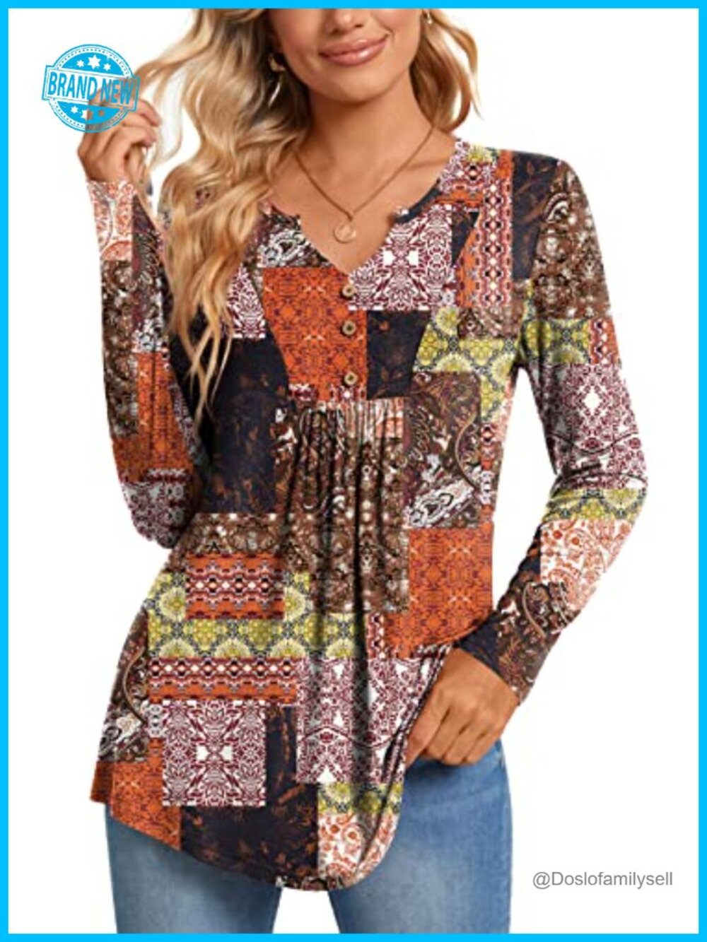 CATHY Womens Long Sleeve Tunic Top V-Neck Floral Blouse Casual Work